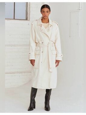 Crescent Cream Double-Breasted Long Trench Coat with Belt